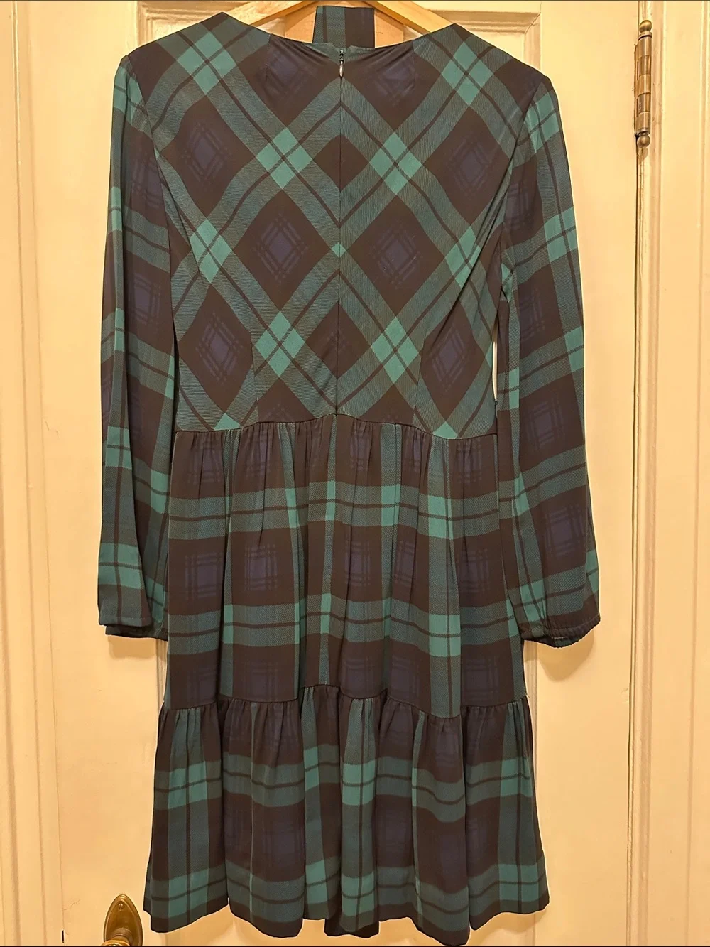 J. Crew Teal and Navy Plaid V-Neck Long Sleeve Tiered Dress